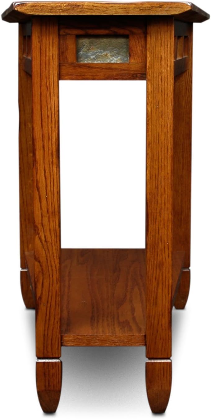 Leick Home Slate End Table, Solid Wood, Narrow Wedge Shape, Slate Tile Insets, Bottom Display Shelf, Easy-Assembly, Rustic Oak, 23.5 in. L x 17 in. W x 24 in. H, 10056