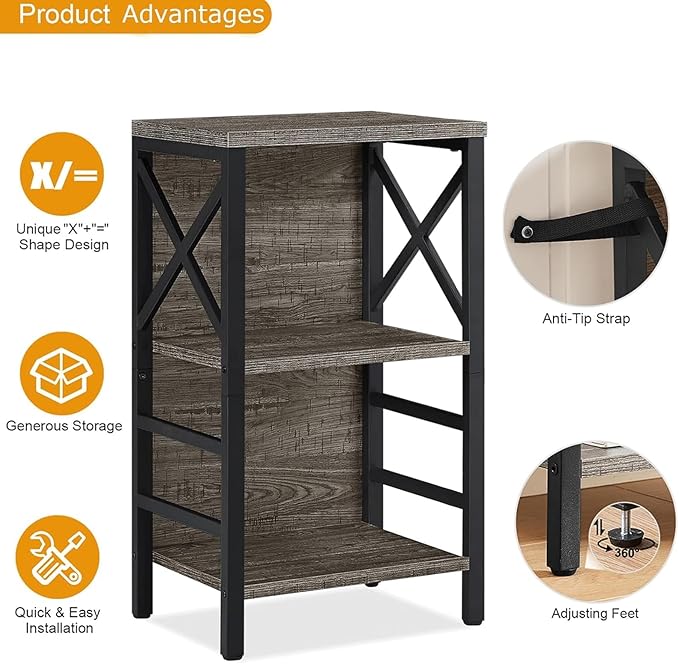 Small Bookcase,3 Tier Industrial Bookshelf with Metal Frame and Backboard,Low Grey Book Shelf,Book case for Small Spaces,Living Room,Bedroom and Home Office