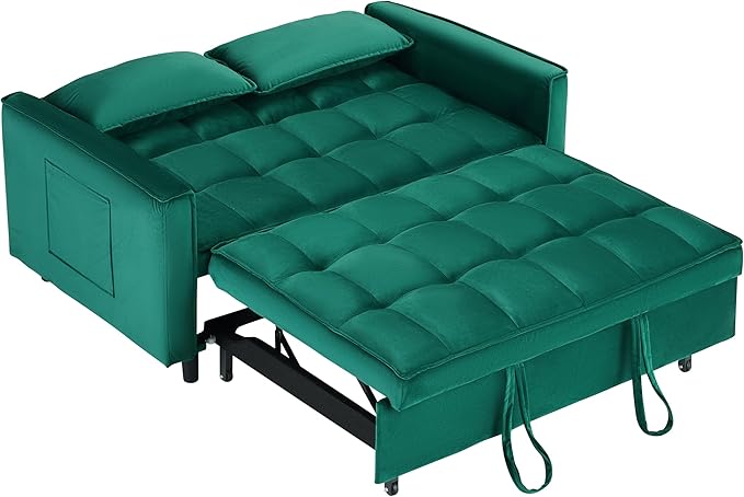 Ball & Cast 55" Convertible Sofa Bed,3 in 1 Sleeper Sofa W/Pull-Out Bed,Convertible Pull Out Couch W/2 Pillows,Adjustable Backrest & Side Pocket,Velvet Futon Couches for Living Room,Apartment,Green