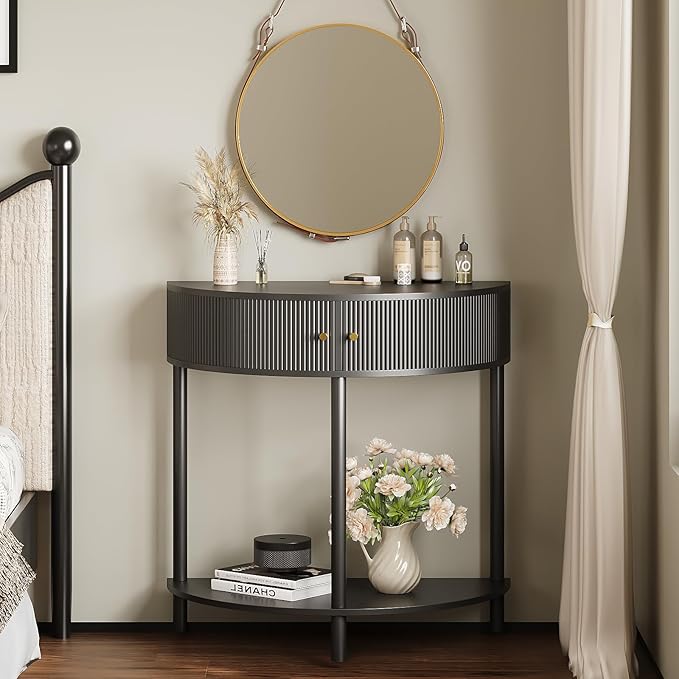 Fluted Half Moon Console Table 2 Tier Narrow Entryway Table with Storage for Small Space Modern Wood Sofa Table with Doors and Gold Knobs Boho Home Decor