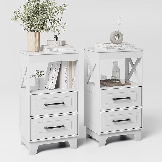 Tall Nightstand Set of 2 Side Table with 2 Drawers Modern Night Stand Wooden End Table Bedside Table with Upper Open Shelf Solid Feet for Bedroom, Living Room, White