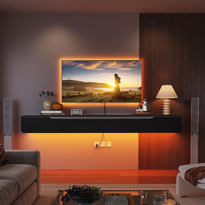 Fully-Assembled Floating TV Stand with Drawers, 55IN High Gloss Wall Mounted Entertainment Center, Modern Media Console with Storage, Under TV Shelf for Bedroom Living Room Black