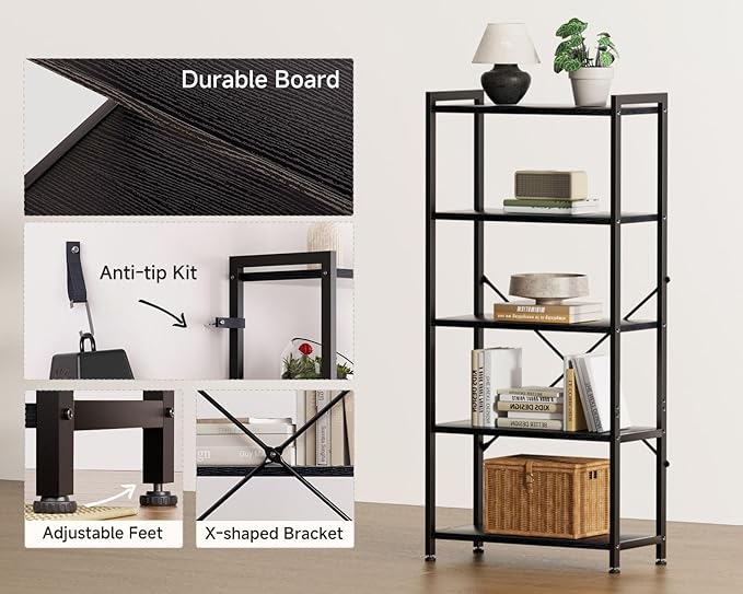 Casaottima Book Shelf, 5 Tier Bookshelf, Modern Wood Bookcase Shelves for Bedroom, Industrial Display Shelf for Living Room Home Office Kitchen, Standing Shelving Unit Storage Organizer, Black