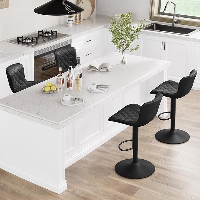 YOUNUOKE Bar Stools Set of 2 Faux Leather Barstools with Back Modern Swivel Counter Height Stool Adjustable High Bar Chairs for Kitchen Islands, Black