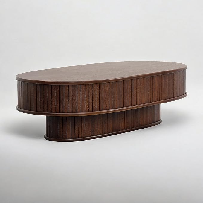 NTC Stream DOU Coffee Table, Modern Double-Layer Oval Wooden Center Table with Vertical Groove Design, Stylish Living Room Decor, Contemporary Minimalist Style, Easy Assembly - Dark Walnut
