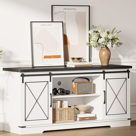 IDEALHOUSE Farmhouse TV Stand and Entertainment Center for Tv up to 65 inches with Sliding Barn Doors and Adjustable Shelf, Tv Media Console Table with Storage Cabinet for Living Room, White & Black