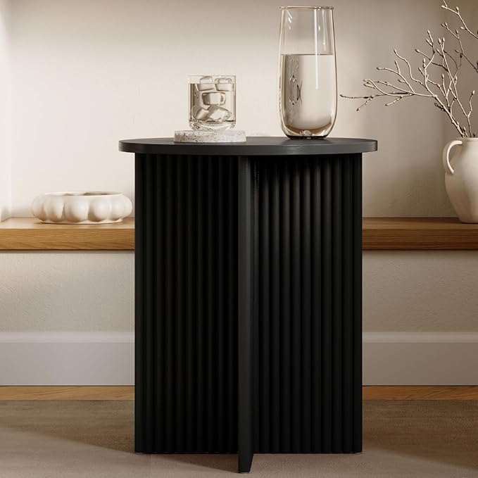 Fluted Round Side Table - 16-in Round Top, Blackened Oak & Solid Wood X-Base - End Table for Living Room & Nightstand - Pedestal Base