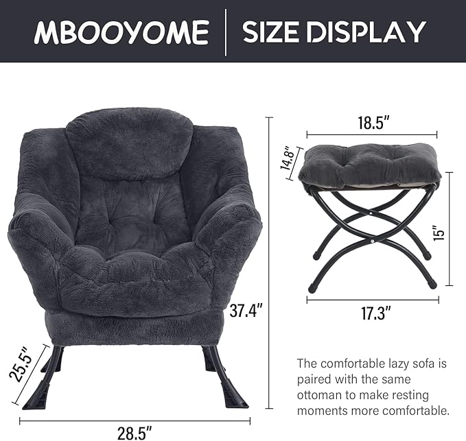 Lazy Chair with Folding Ottoman, Modern Accent Lounge Armchair with Armrests and a Side Pocket & Foldable Footstool, Leisure Reading Chair for Living Room, Bedroom, Dorm & Office, Plush Navy