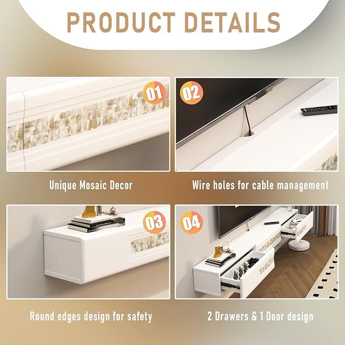 Pmnianhua Floating TV Stand with Mosaic Decor,Wall Mounted TV Console,Floating Entertainment Shelf with Door and Drawers for Bedroom Living Room(White)
