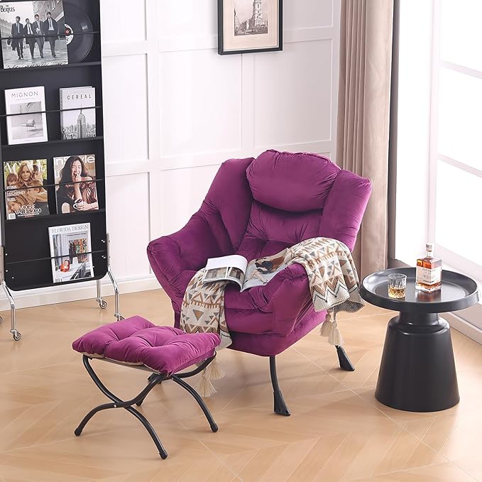 LITA Lazy Chair with Ottoman, Modern Accent Leisure Upholstered Sofa Chair, Contemporary Lounge Reading Chair with Armrests and a Side Pocket for Living Room, Bedroom & Small Space