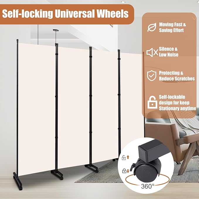 Room Divider Portable 88'' Partition Room Dividers and Folding Privacy Screens 4 Panel Wall Divider for Room Separation，Freestanding Fabric Room Divider Panel with Wheels for Home Office Hospital