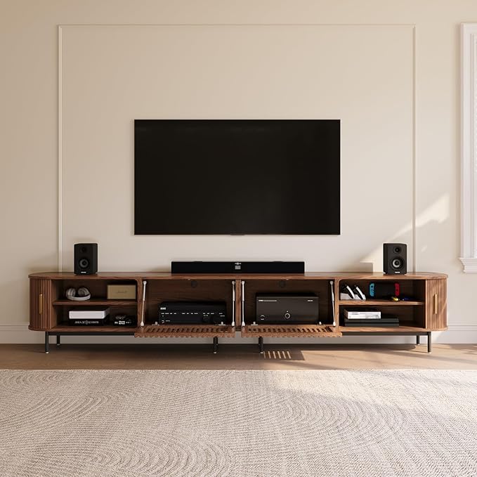 POVISON Sliding Tambour Door TV Stand, Mid Century Modern TV Console, Wood Media Console, Entertainment Center with Storage Cabinet, Fully-Assembled (Walnut, 118.11")