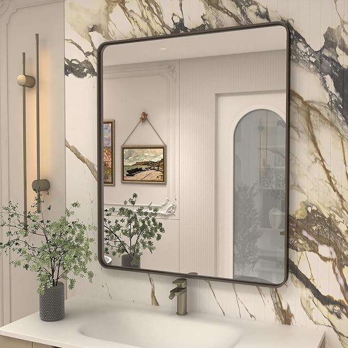 30x36 Bronze Bathroom Wall Mirror, Modern Brushed Metal Framed Mirror for Vanity, Modern Rounded Rectangle Mirror, Anti-Rust, Tempered Shatterproof (Horizontal/Vertical)