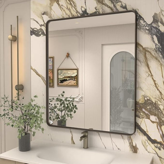 30x36 Bronze Bathroom Wall Mirror, Modern Brushed Metal Framed Mirror for Vanity, Modern Rounded Rectangle Mirror, Anti-Rust, Tempered Shatterproof (Horizontal/Vertical)