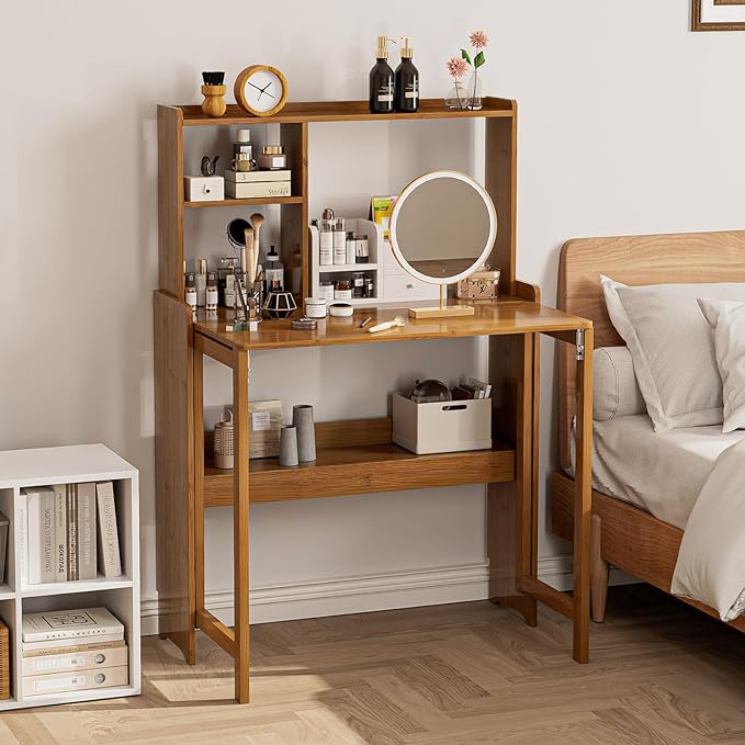 Bamboo Folding Desk with Storage Rack Mid Century Modern Desk for Home Office Bedroom Small Spaces, Brown