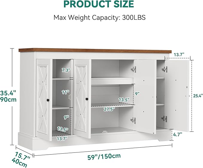YITAHOME Sideboard Buffet Cabinet with Storage, 59" Buffet Storage with 4 Doors, Modern Farmhouse Coffee Bar Station Wood Kitchen Table with Adjustable Shelves for Kitchen, Living Room (White)