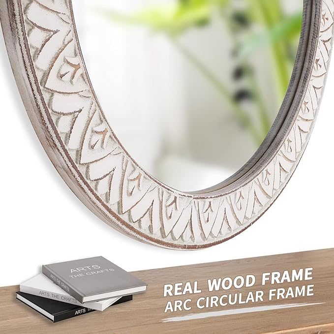 Mirror Round Wood 36 Inch Farmhouse Wood Frame Round Mirror Rustic Large Decorative Wall Mount Bathroom Mirror Antique Hanging Mirror for Living Room, Bedroom, Entryway