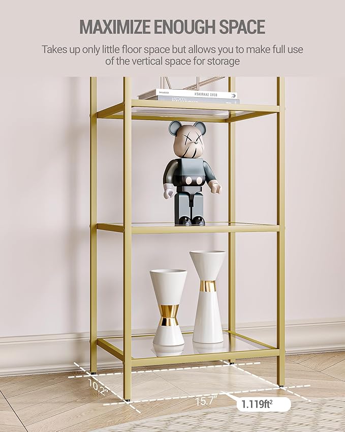 Bookcase Bookshelf, Tempered Glass Bookshelves, Slim Shelving Unit for Bedroom, Bathroom, Home Office, Steel Frame, 6 Tier Gold BC10601G