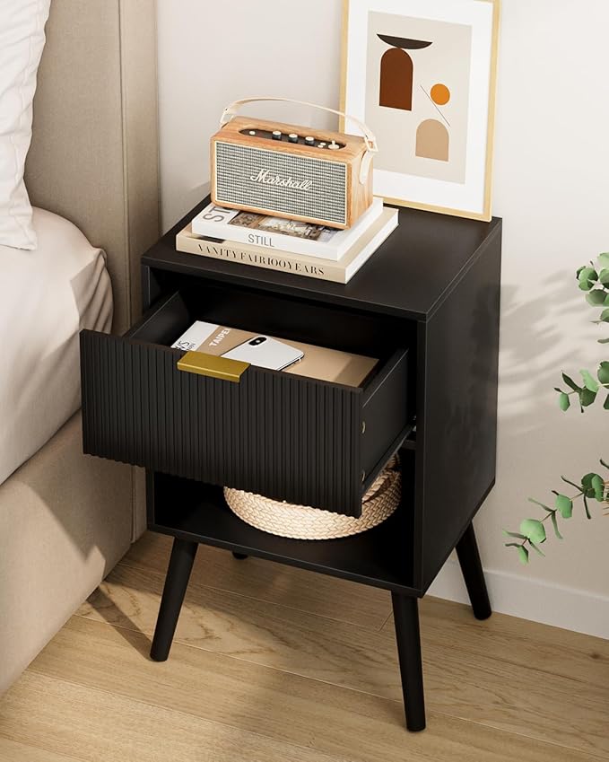 Nightstand, Small Side Table, Bedside Table with Drawer, Modern Night Stand, End Table for Bedroom, Living Room (Black Stripe)