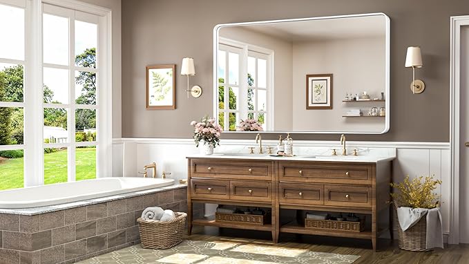 TokeShimi 60 x 36 Inch White Bathroom Mirror for Wall with Non-Rusting Aluminum Alloy Metal Frame Rounded Corner Rectangle Mirror for Modern Farmhouse Home Decor Mirror(Horizontal/Vertical)