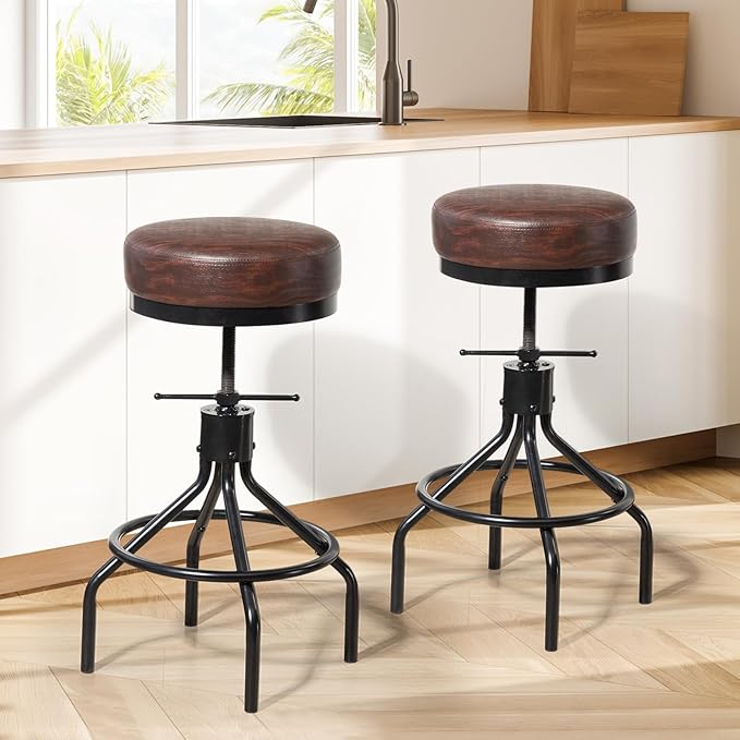 Industrial Barstools Set of 2 Adjustable Swivel Round Bar Stools Modern PU Leather 28inch Backless Counter Height Stool Metal Bar Chair for Kitchen Island (2, Walnut)