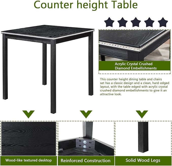 KEIKI 5-Piece Counter Height Dining Table Set with Square Table and 4 Upholstered Chair, for 4 Person, Classic Style Crystal Decoration Wooden Table Set, Easy Assembly, for Kitchen, Dining Room, Black