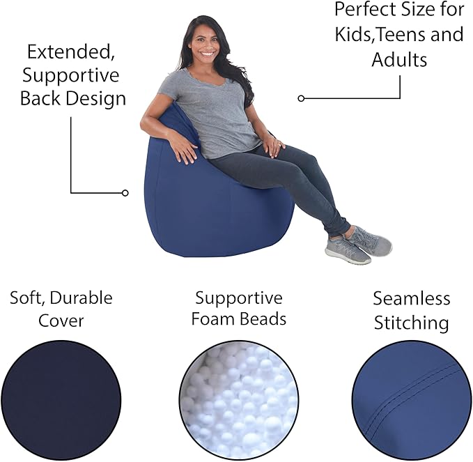 FDP SoftScape Dew Drop Bean Bag Chair with Supportive High-Back Design, For Kids, Teens and Adults, Alternative Seating for Dorms, Schools, Libraries, Daycares or Home- Navy