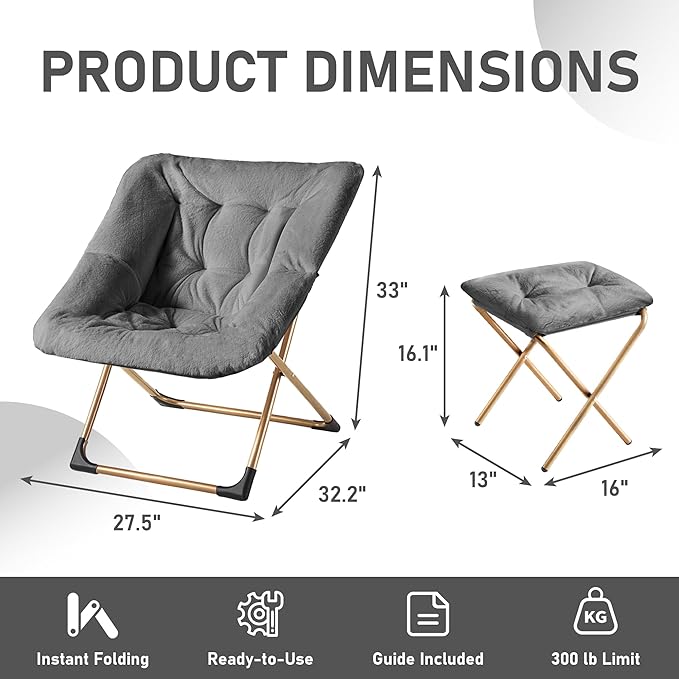 Comfy Oversized Saucer Chair with Ottoman,Soft Faux Fur Reading Lounge Chair for Adults,Stable X-Large Metal Frame and Non-Slip Pad,Cozy Chair for Bedroom, Living Room, Dorm, Dark Gray