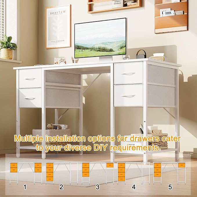 Computer Desk with 4 Drawers, 47 Inch Office Table with Storage, Gaming with CPU Shelves, Writing Desk Workstation for Home Office, Study, Bedroom, Work from Home, White
