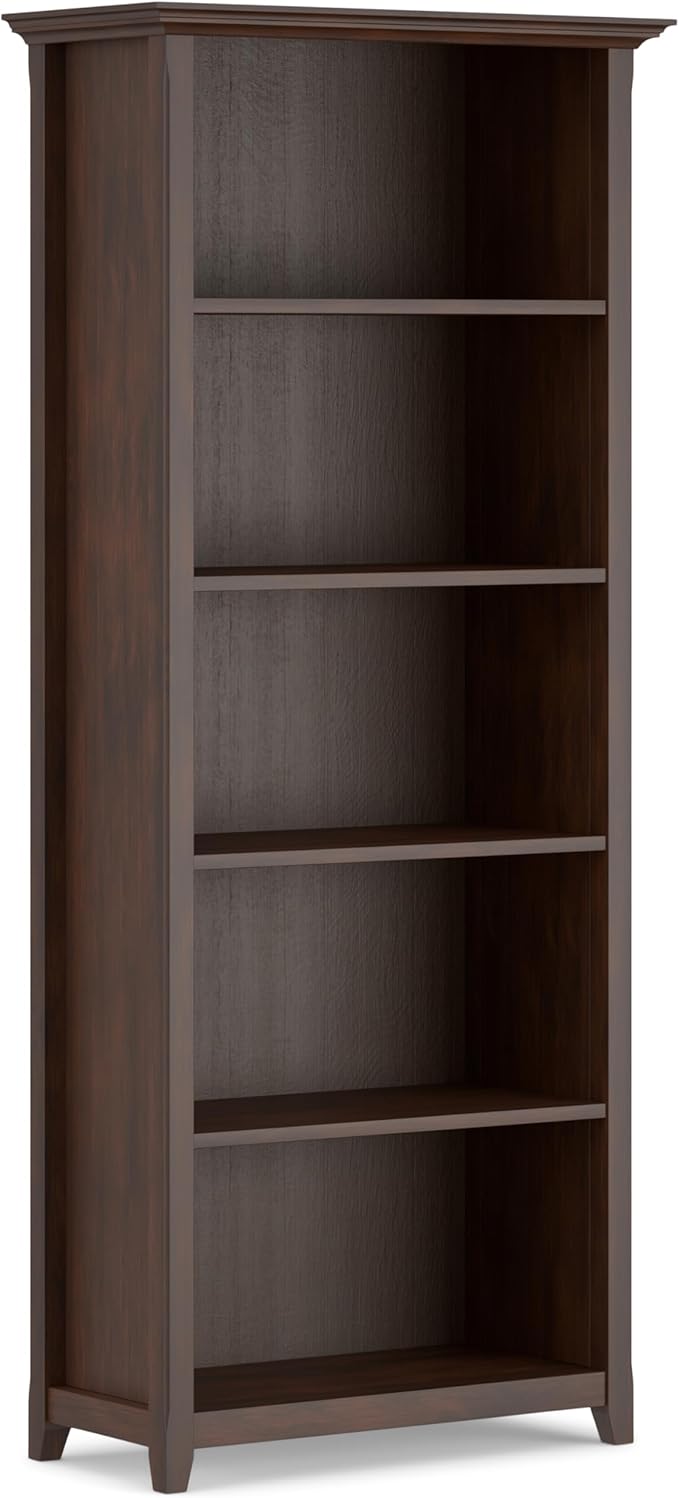 SIMPLIHOME Amherst Bookcase - 70 inch Tall 5-Shelf Solid Wood Bookshelf in Russet Brown, Transitional Storage for Living Room, Study Room or Office with Adjustable Shelves and Tapered Legs