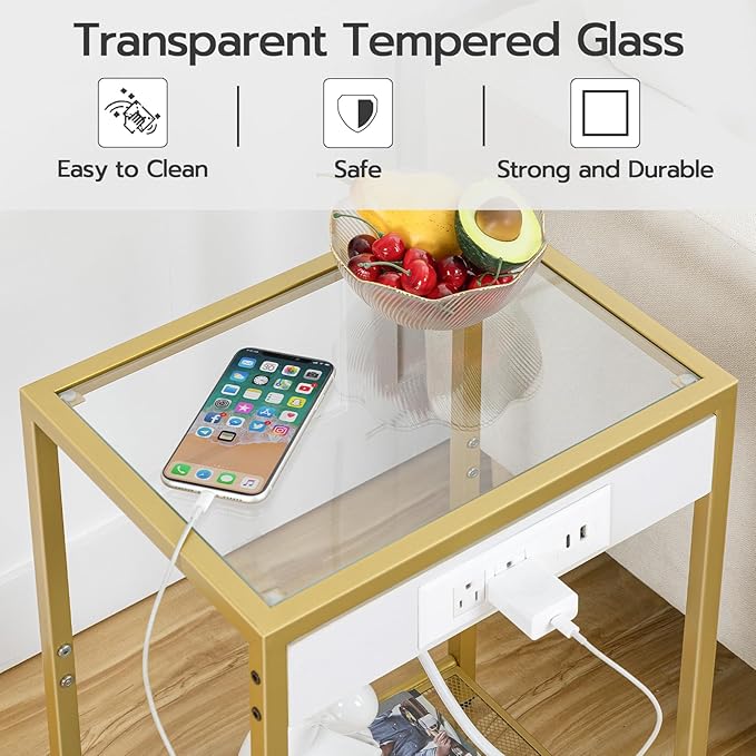 HOOBRO Side Table with Charging Station, End Table with USB Port, Nightstand for Tight Spaces, Tempered Glass, Modern Metal Frame, for Office, Bedroom, Living Room, Study, Gold GD76UBZ01