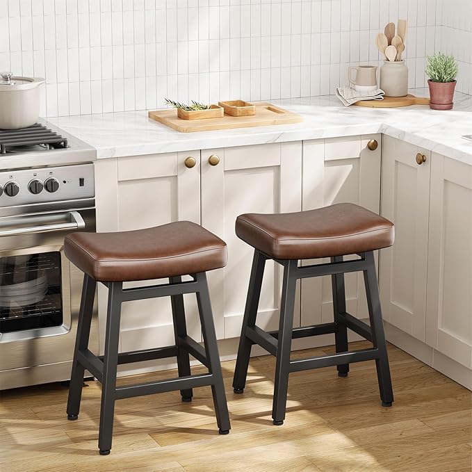 Counter Height Bar Stools Set of 3, 24 Inch Barstools for Kitchen Counter, Kitchen Stools with Bonded Leather Saddle Seats & Heavy Duty Metal Legs, Easy Assembly, Gray/Black