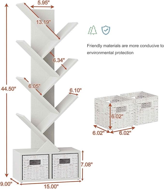 Vagusicc Tree Bookshelf, 6 Tier Bookshelf with Storage, Tall Narrow Bookcase, Rustic Wood Book Storage Rack for CDs/Books, Small Book Organizer Shelves for Bedroom, Living Room, Home Office, White