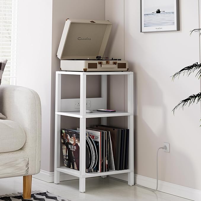 TUTOTAK Record Player Stand with Storage Up to 100 Albums，Record Storage Table,3 Tier End Table with Charging Station,Side Table for Living Room, Bedroom, White TB01BW076