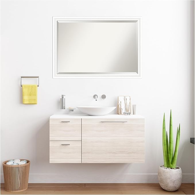 Amanti Art White Bathroom Mirror for Over Sink, 27x39 Oliver White Narrow Rectangle Vanity Mirror, Large Modern Wood Frame, Hangs Horizonally and Vertically, Bathroom Wall Decor, Beveled Edge