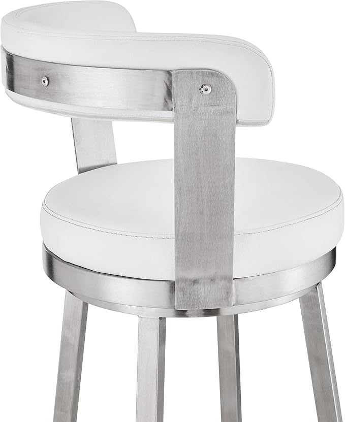 Armen Living Bryant Modern 30" Seat Height White Faux Leather and Brushed Stainless Steel Metal Swivel Bar Stool for Kitchen Island Counter