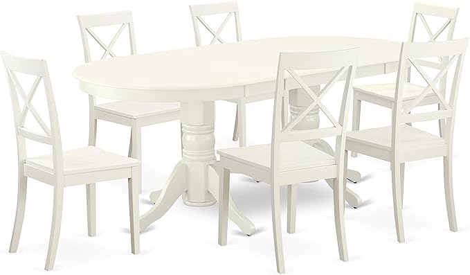 East West Furniture VABO7-LWH-W 7 Piece Dining Set Consist of an Oval Dining Room Table with Butterfly Leaf and 6 Wood Seat Chairs, 40x76 Inch, Linen White