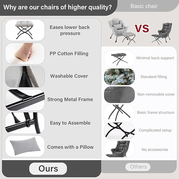 Lazy Chair with Ottoman, Modern Lounge Chair with Lumbar Pillow, Accent Cozy Reading Armchair and Folding Footstool for Bedroom, Dorm, Living Room,Light Grey