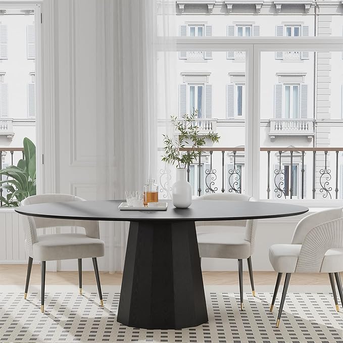 Casaphoria 67" Oval Dining Table, Modern Wood Kitchen Table with Cone Shaped Strip Polygonal Base for Living Room & Dining Room, Easy Assembly Farmhouse Furniture for 4-6, Black