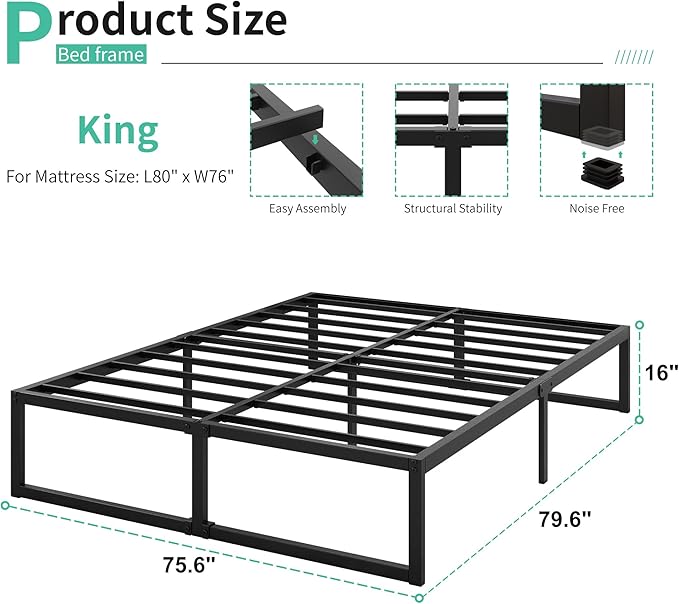 16 Inch King Size Bed Frame Sturdy Mattress Foundation, Heavy Duty Metal Platform with Steel Slats Support No Box Spring Needed, Noise Free, Easy Assembly, Black