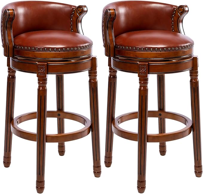 Cow top Leather Wooden Set of 2 Bar Stools, 29.5" Bar Height Bar Chair with Back, 180 Degrees Swivel Barstools Chair for Home Kitchen Counter,Dining Room, Restaurant,Study and Pub