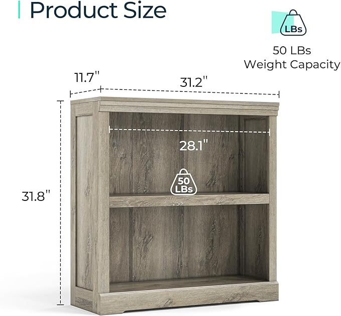 LINSY HOME 2-Tier Bookcase and Bookshelf, Small Wood Display Storage Shelves Farmhouse Bookshelf for Home Office, Living Room, Bed Room - Light Brown