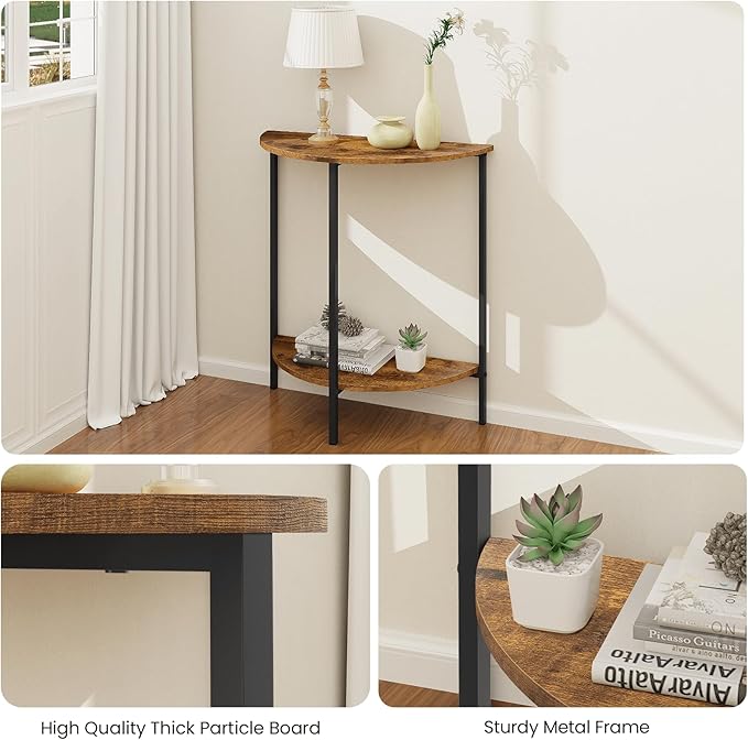 Homode Half Moon Table, Small Entryway Table, Half Round Entry Table, Narrow Half Circle Console Tables for Small Spaces, Hallway, Wood Front Entrance Tables, Rustic Brown and Black