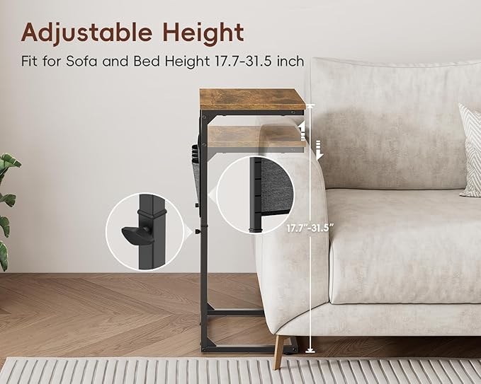 Vagusicc C-Shaped End Table Set of 2 with Charging Station, Small Side Table for Couch, Adjustable Height Couch Side Table, Slide Under Sofa Table TV Tray Tables for Living Room,Bedroom,Bedside, Brown