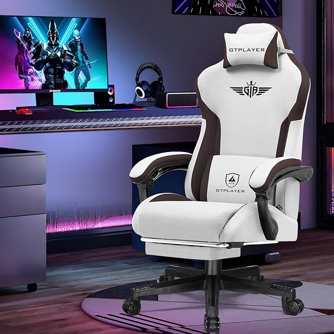 GTPLAYER Gaming Chair Fabric with Footrest, Big and Tall Game Chair High Back Computer Office Chair with Lumbar Support for Adults, Ergonomic Swivel Games Chair with Cushion Gaming Brown