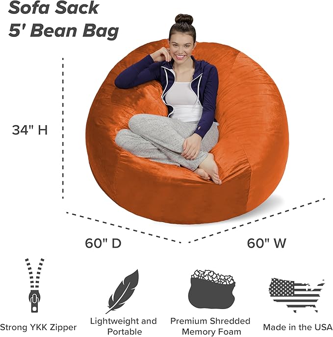 Sofa Sack Bean Bag Chair - Plush, Ultra Soft - Memory Foam Bean Bag Chair with Microsuede Cover - Stuffed Foam Filled Furniture and Accessories for Dorm Room 5 Feet - Tangerine