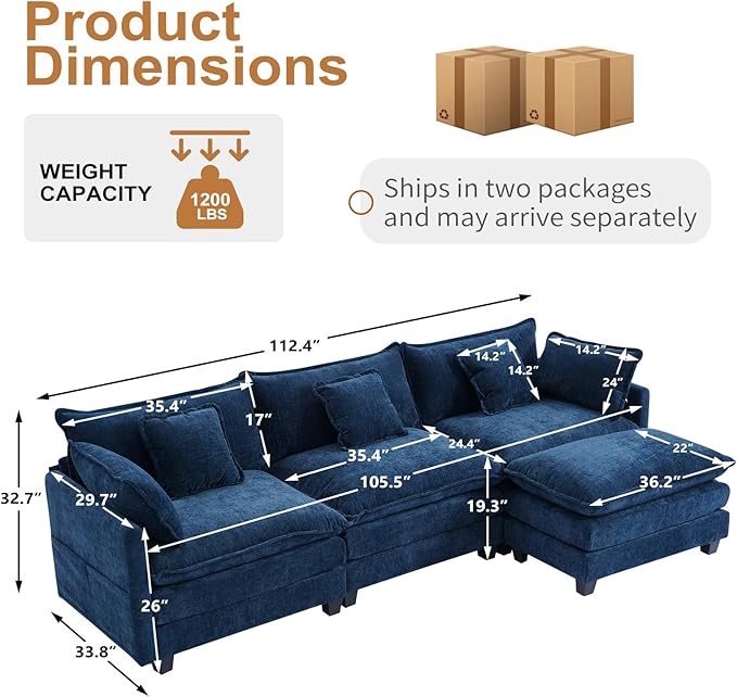 Furniliving 112‘’ L-Shaped Sofa, Luxury Chenille Modular Sectional Couches with Ottoman, Upholstered Deep Seat Sleeper Sofa with Memory Foam and Waist Pillows, Blue