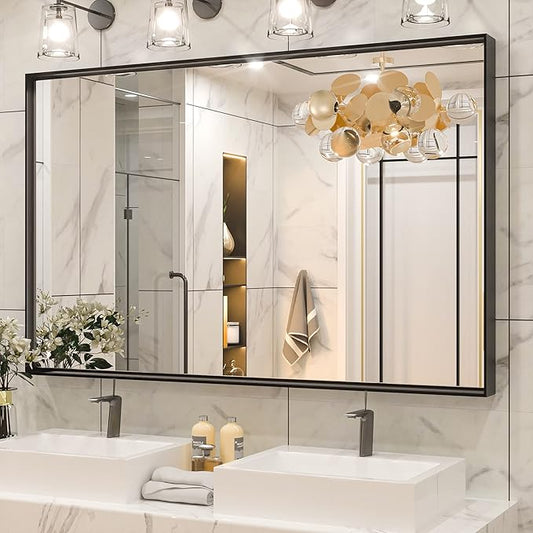 Keonjinn Black Framed Mirror for Bathroom 48 x 30 Inch Large Matte Black Bathroom Mirror Rectangle Wall Mirror Square Corner Metal Frame Farmhouse Bathroom Mirror for Over Sink(Horizontal/Vertical)