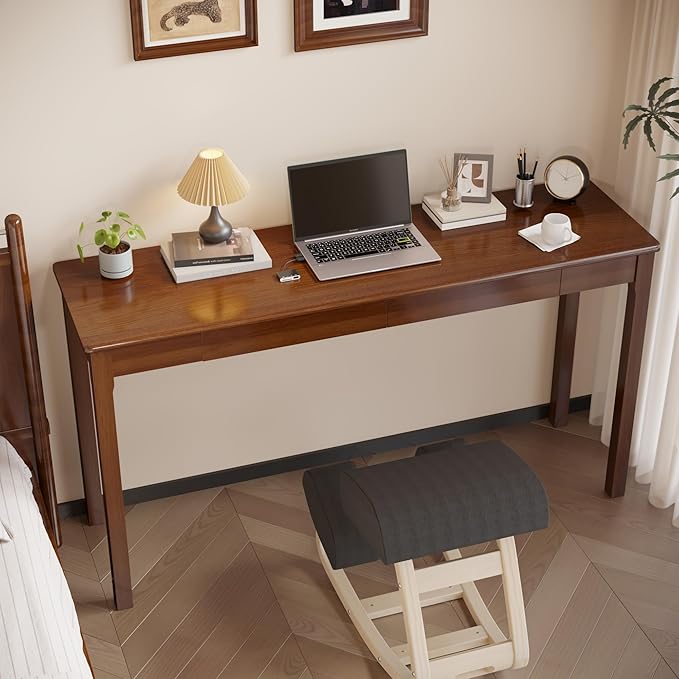 Solid Wood Desk with Drawers - 55 x 16 Inch Vintage Narrow Desks, Mid Century Modern Desks, Rubber Wood Study Table, Home Office Writing Desk for Bedroom|Small Spaces - Walnut Color