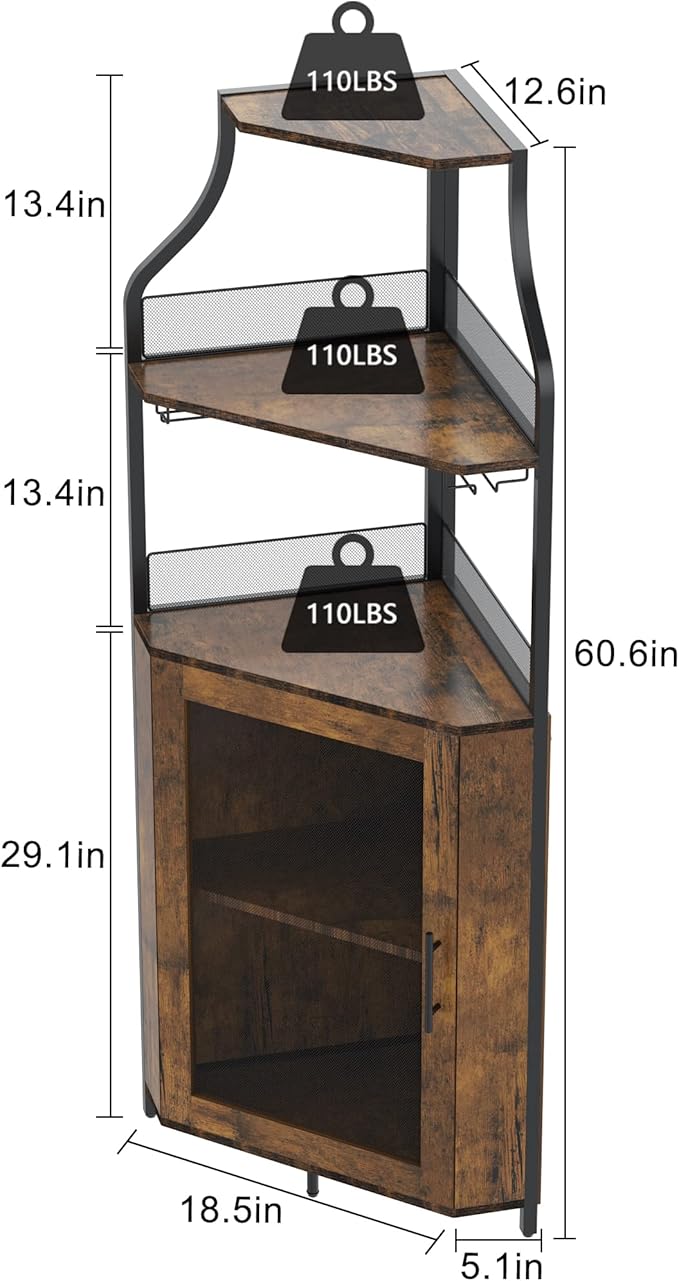 GarveeHome Corner Wine Cabinet with Detachable Wine Rack, 5-Tier Industrial Corner Bar Cabinet with Barn Door and Glass Holder, Farmhouse Buffet Cabinet and Home Bar, Rustic Brown